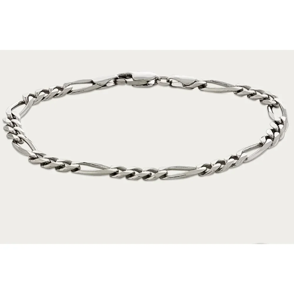 NEW Rhodium Plated 925 Sterling Silver‎ Figaro Chain Bracelet, 8”